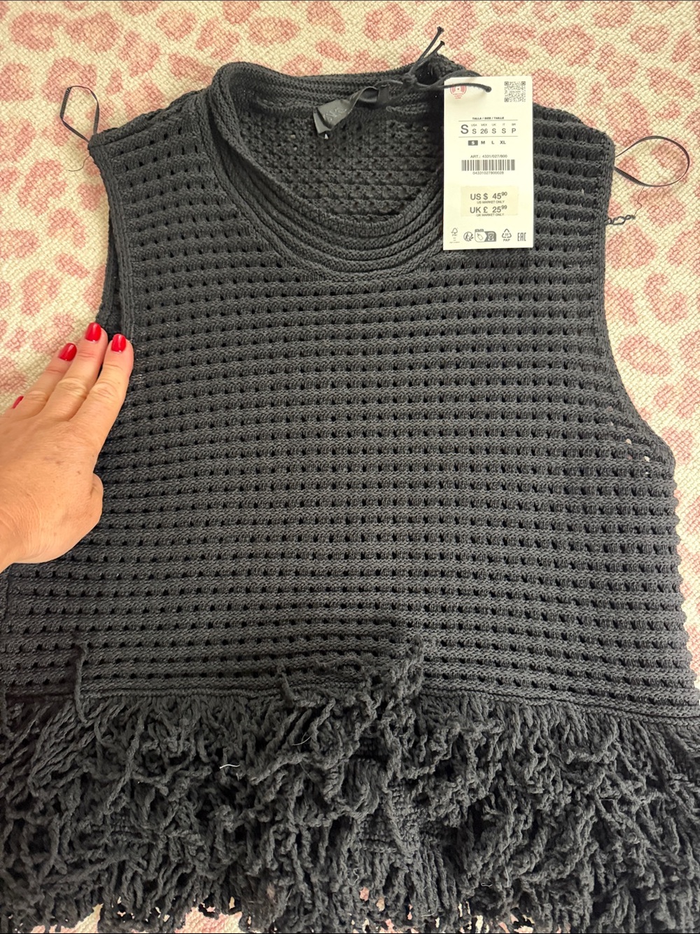 NWT Zara Black Crochet Fringe Sleeveless Top S